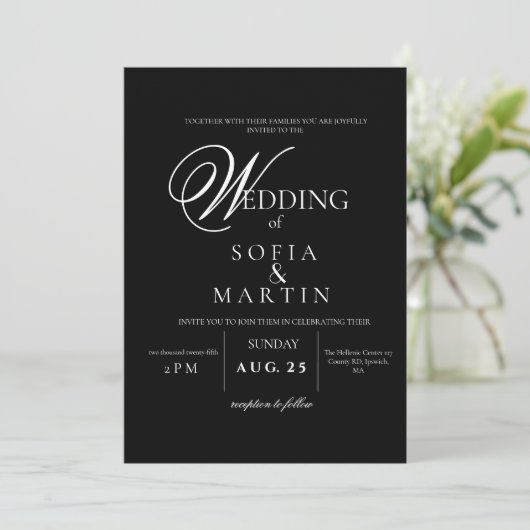 Invitation Élégant Script noir et blanc Mariage classique (Debout devant)