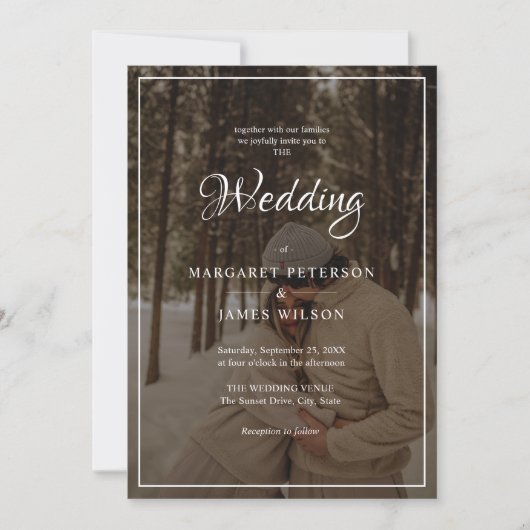 Invitation Élégant script noir et blanc Mariage photo frontiè (Devant)