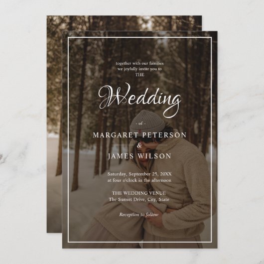 Invitation Élégant script noir et blanc Mariage photo frontiè (Devant / Derrière)