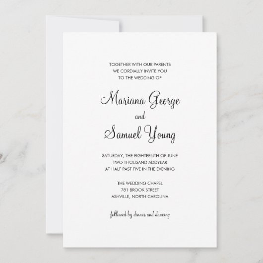 Invitation Élégant script noir et blanc Mariage simple (Devant)
