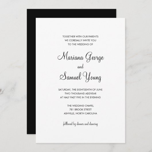 Invitation Élégant script noir et blanc Mariage simple (Devant / Derrière)