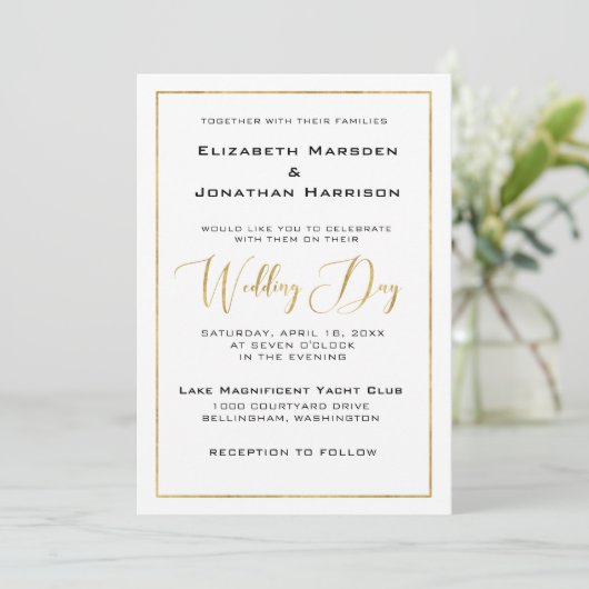 Invitation Élégant script noir et or et Mariage frontalier (Debout devant)