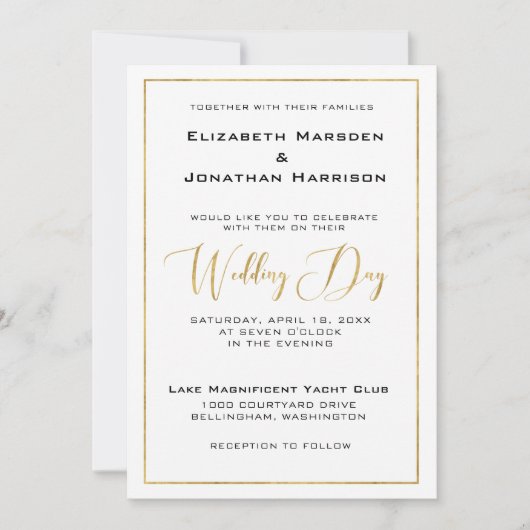 Invitation Élégant script noir et or et Mariage frontalier (Devant)