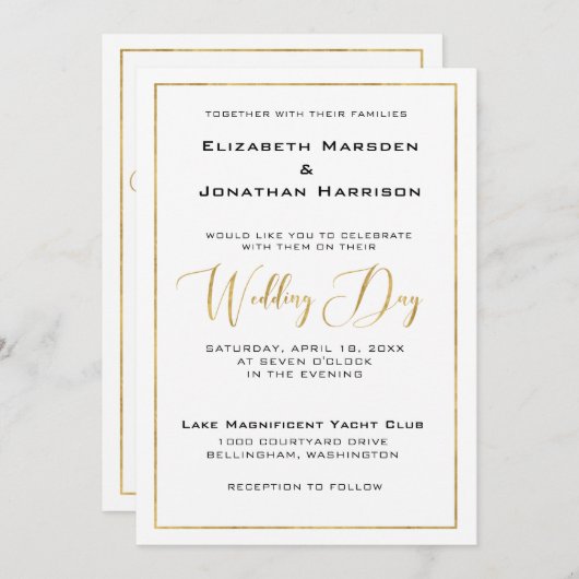 Invitation Élégant script noir et or et Mariage frontalier (Devant / Derrière)