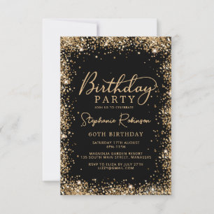 Invitation Élégant Script Noir Paillettes Or 60e Anniversaire