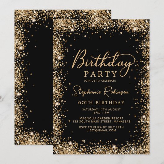 Invitation Élégant Script Noir Paillettes Or 60e Anniversaire (Devant / Derrière)