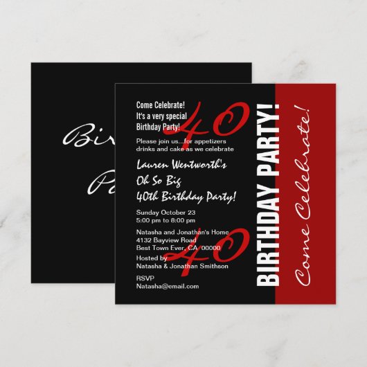Invitation Élégant script noir rouge blanc 40e anniversaire (Devant / Derrière)