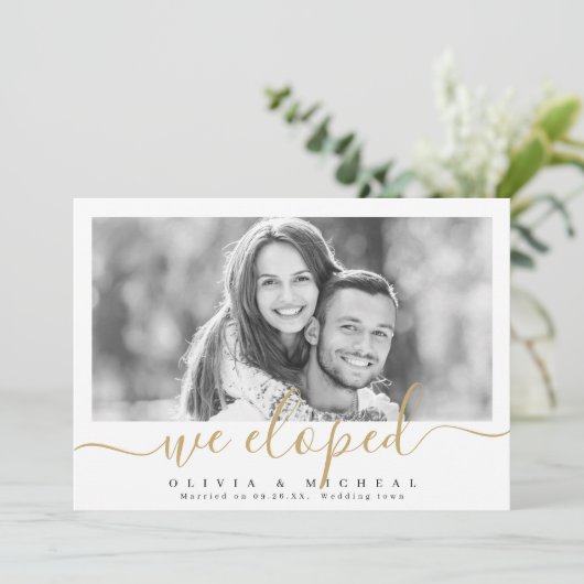 Invitation Élégant script "nous avons fui" mariage photo mode (Debout devant)