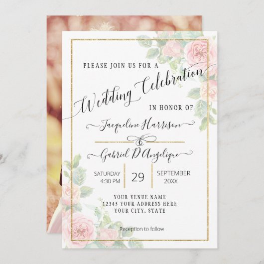 Invitation Élégant Script or Aquarelle rose Mariage floral (Devant / Derrière)