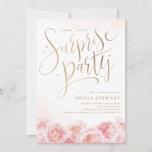 Invitation Elégant script or blush floral surprise anniversai (Devant)