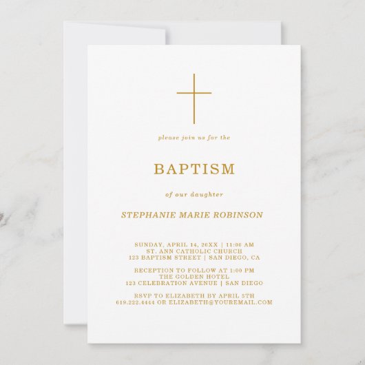 Invitation Élégant script or Calligraphie Croix Baptême (Devant)