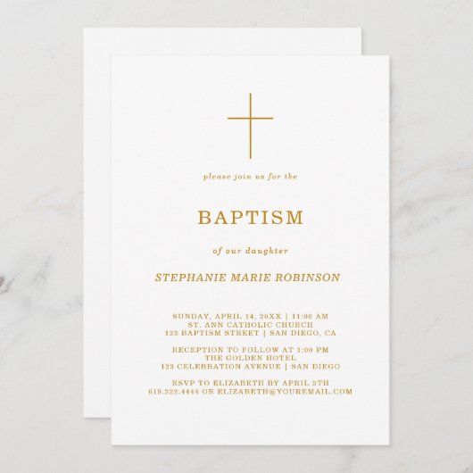 Invitation Élégant script or Calligraphie Croix Baptême (Devant / Derrière)