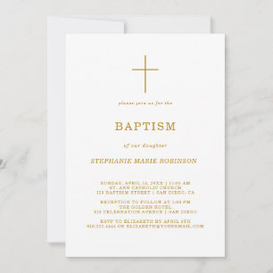 Invitation Élégant script or Calligraphie Croix Baptême