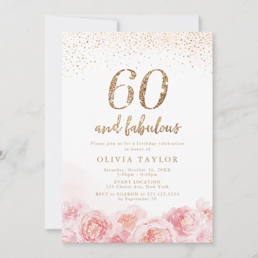 Invitation Élégant script or & floral blush 60e anniversaire (Devant)