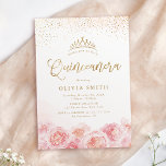 Invitation Élégant script or & floral blush Quinceanera<br><div class="desc">Scénario moderne chic Quinceañera,  parties scintillant en faux or tendance et aquarelle rose vif design floral,  élégant et élégant,  de grandes invitations à la fête Quinceañera 15e anniversaire.</div>