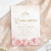 Invitation Élégant script or & floral blush Quinceanera