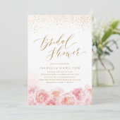Invitation Elégant script or & floral brush douche nuptiale (Debout devant)
