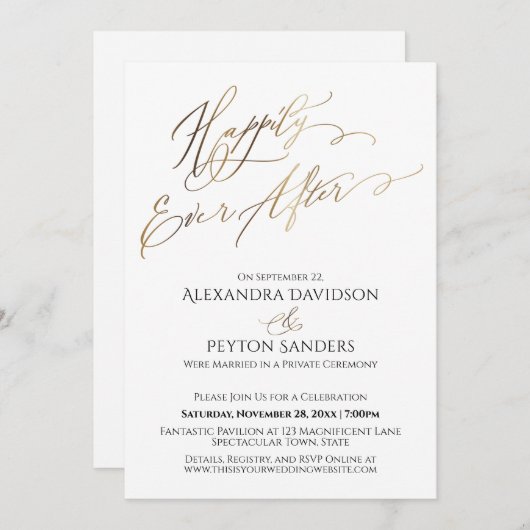 Invitation Élégant Script Or Heureux Jamais Après La Réceptio (Devant / Derrière)