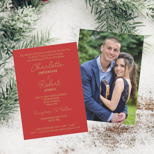 Invitation Élégant Script Or Mr Et Mrs Photo Mariage Rouge