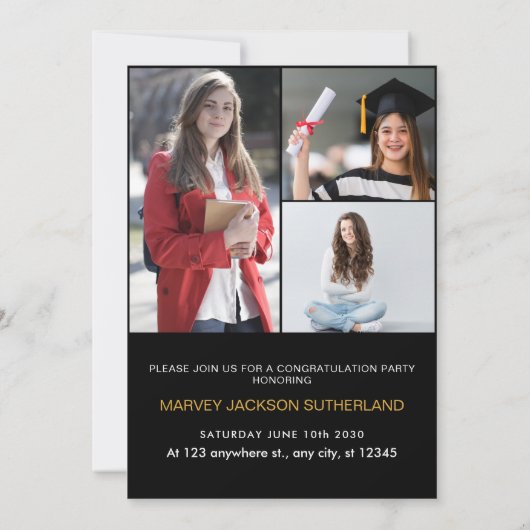 Invitation Élégant Script Or Noir 4 Photo Diplômé  (Dos)