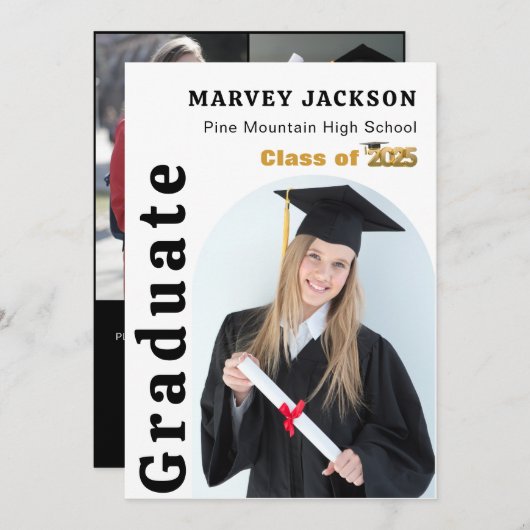 Invitation Élégant Script Or Noir 4 Photo Diplômé (Devant / Derrière)