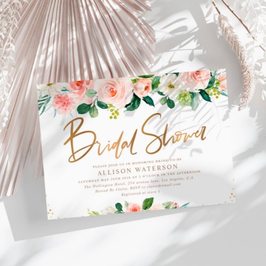 Invitation Elégant script or rose & blush douche nuptiale