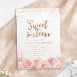 Invitation Élégant script or & sweet sixteen floral roux<br><div class="desc">Écriture moderne chic "sweet sixteen",  parties scintillant en faux or tendance et design floral couleur rose vif,  élégante et élégante,  de grandes invitations sucrées à 16 ans.</div>