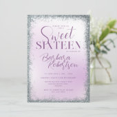 Invitation Elégant Script Pailleté Argent Violet Sweet Seize (Debout devant)