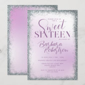 Invitation Elégant Script Pailleté Argent Violet Sweet Seize (Devant / Derrière)