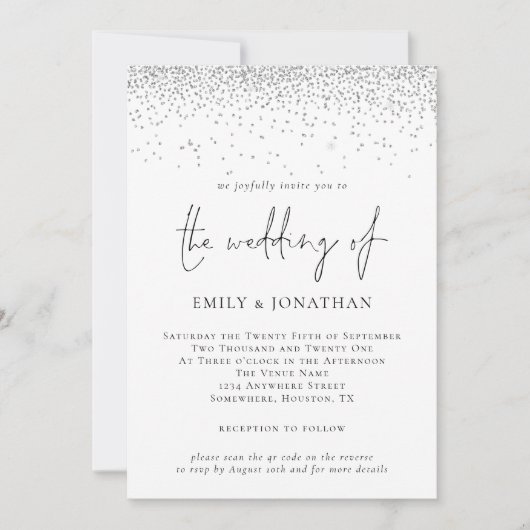Invitation Élégant Script Parties scintillant argent QR Code (Devant)