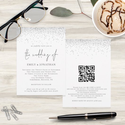 Invitation Élégant Script Parties scintillant argent QR Code