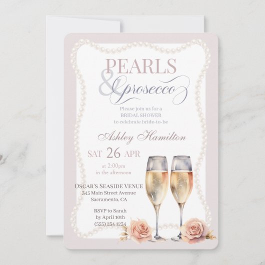 Invitation Elégant script Perles & Prosecco Douche nuptiale (Devant)