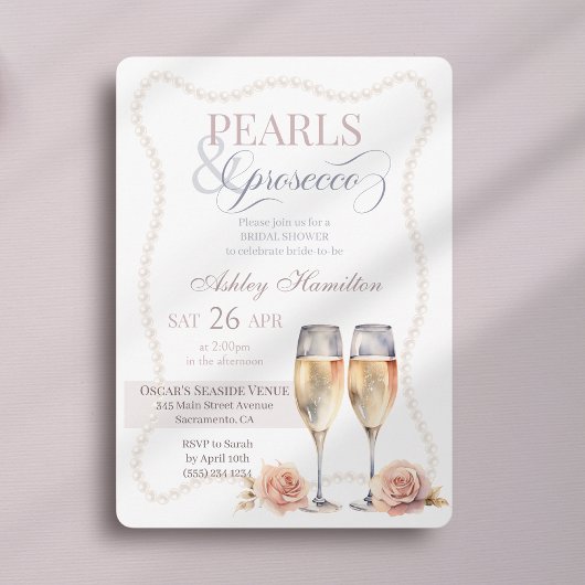 Invitation Elégant script Perles & Prosecco Douche nuptiale
