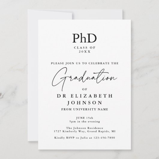 Invitation Élégant Script PhD Diplôme Photo Graduation Party (Devant)