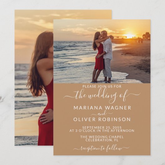 Invitation Élégant Script Photo Boho Mariage Tan Beige (Devant / Derrière)