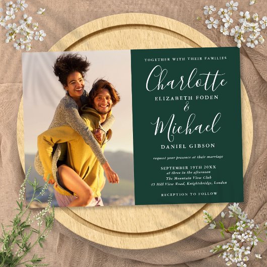 Invitation Élégant script photo Emerald Green Mariage