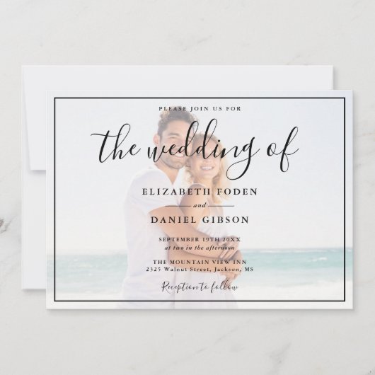 Invitation Élégant Script Photo Mariage Blanc Et Noir (Devant)