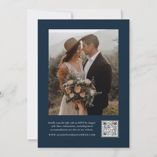 Invitation Élégant script photo Mariage bleu marine (Dos)