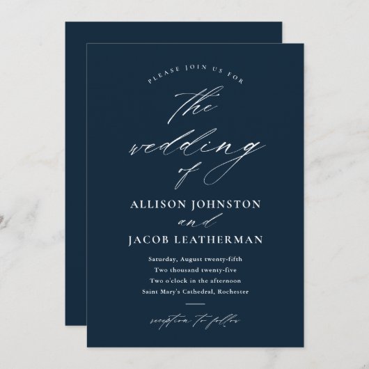 Invitation Élégant script photo Mariage bleu marine (Devant / Derrière)