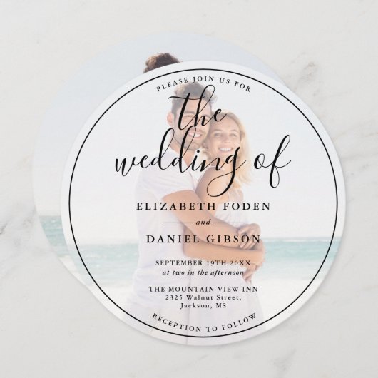 Invitation Élégant Script Photo Mariage Circulaire (Devant / Derrière)