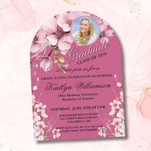 Invitation Élégant Script Photo Pink Graduation Party Arch