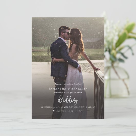 Invitation Élégant script photo tout en un Mariage (Debout devant)