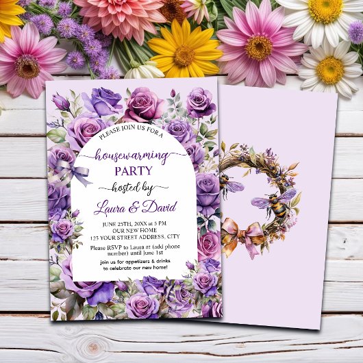 Invitation Élégant Script Purple Rose Fête de réchauffement d