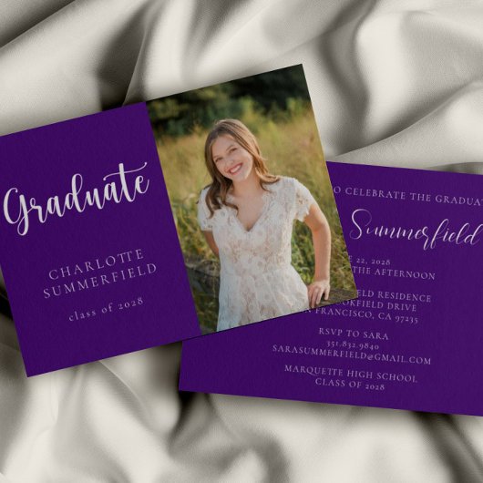 Invitation Élégant Script Purple White Photo Graduation