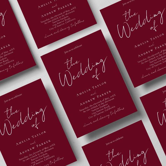 Invitation Elegant Script QR Code Burgundy White Wedding