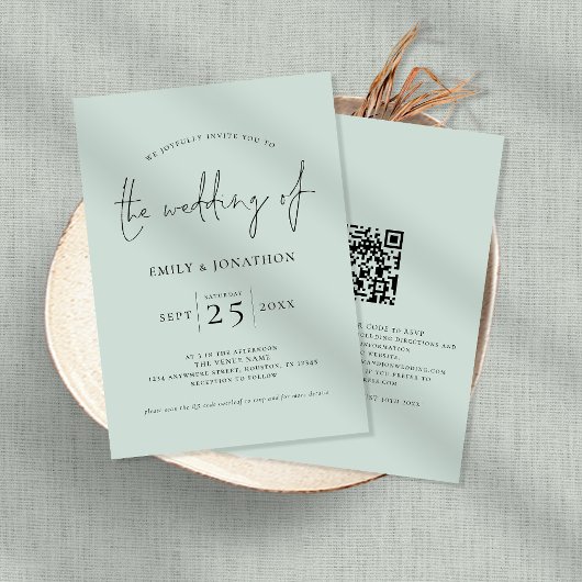 Invitation Élégant script QR Code Mint Green Mariage