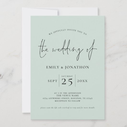 Invitation Élégant script QR Code Mint Green Mariage (Devant)