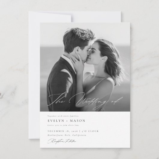 Invitation Élégant script QR Code Photo Budget Mariage (Devant)