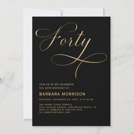 Invitation Élégant Script Quarty Black Gold 40e anniversaire (Devant)