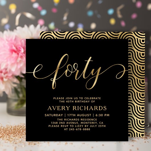 Invitation Élégant Script Quarty Gold Noir 40e anniversaire